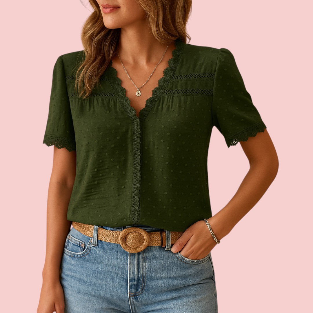 Dames Blouse – Elegante Kanten Blouse met V-Hals voor Een Verfijnde Look