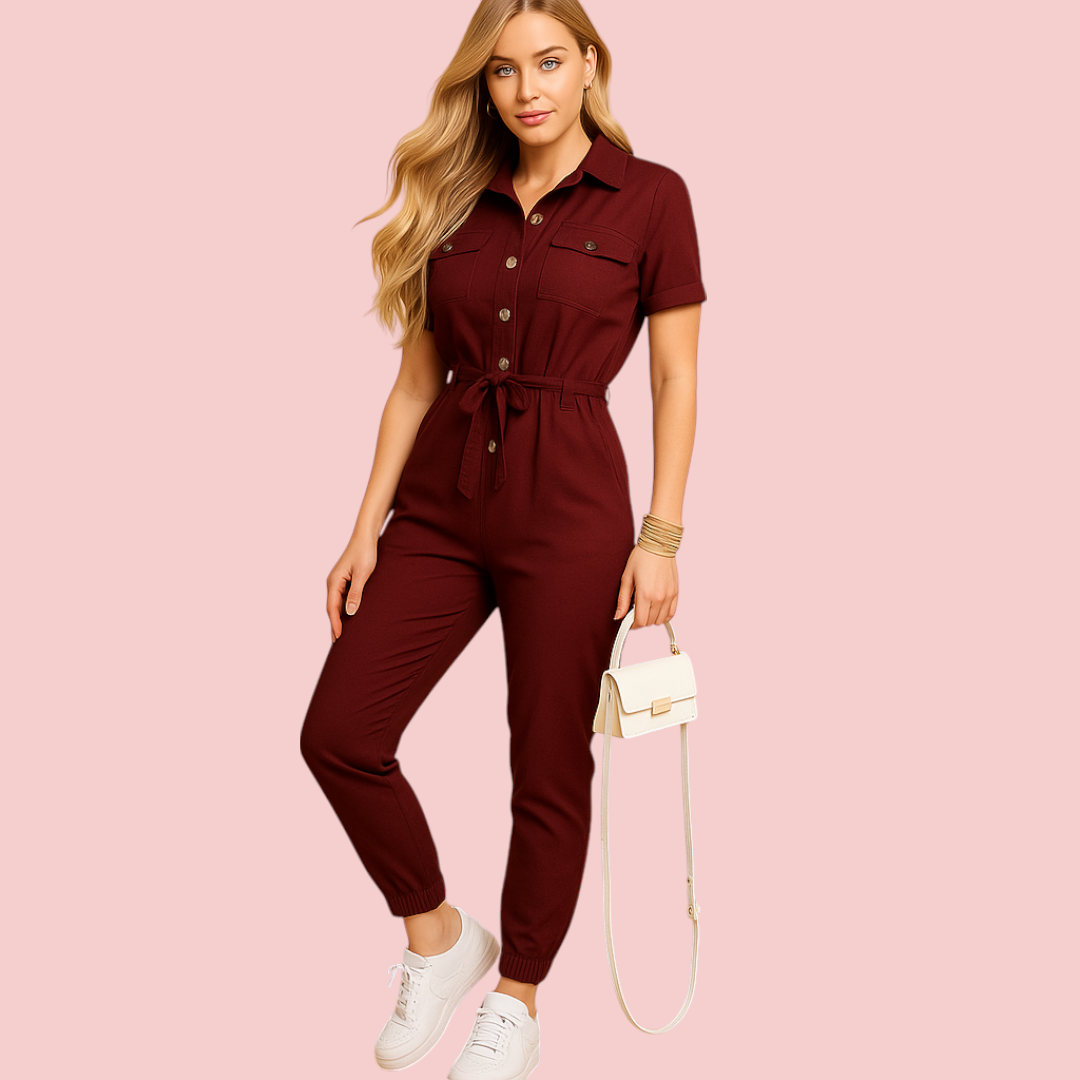 Dames Jumpsuit – Kraag & Strikceintuur voor Comfortabele en Nette Look