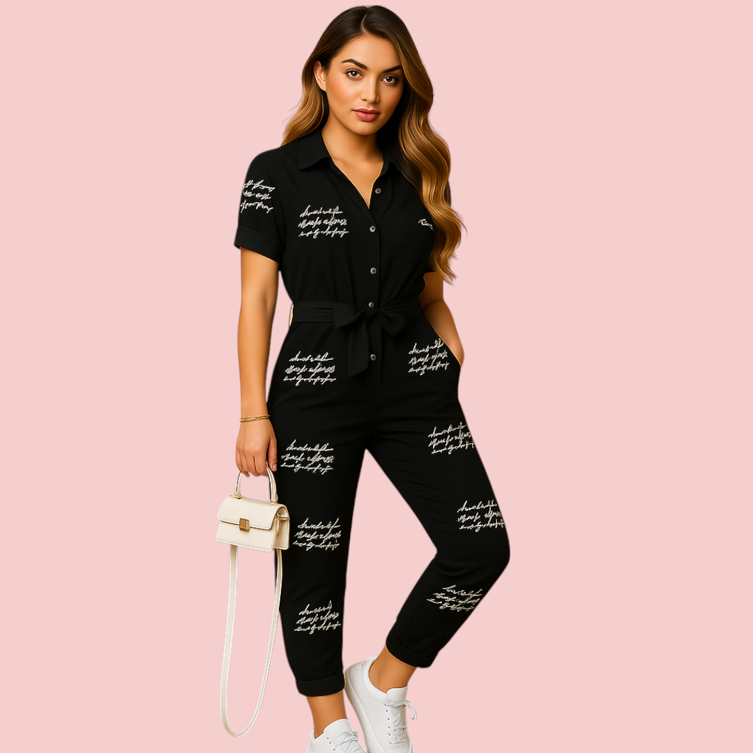 Dames Jumpsuit – Kraag & Strikceintuur voor Comfortabele en Nette Look