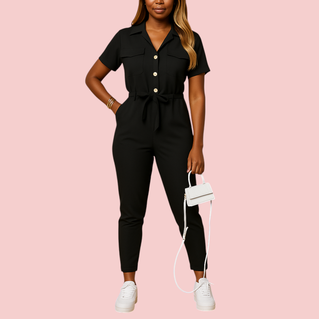 Dames Jumpsuit – Kraag & Strikceintuur voor Comfortabele en Nette Look