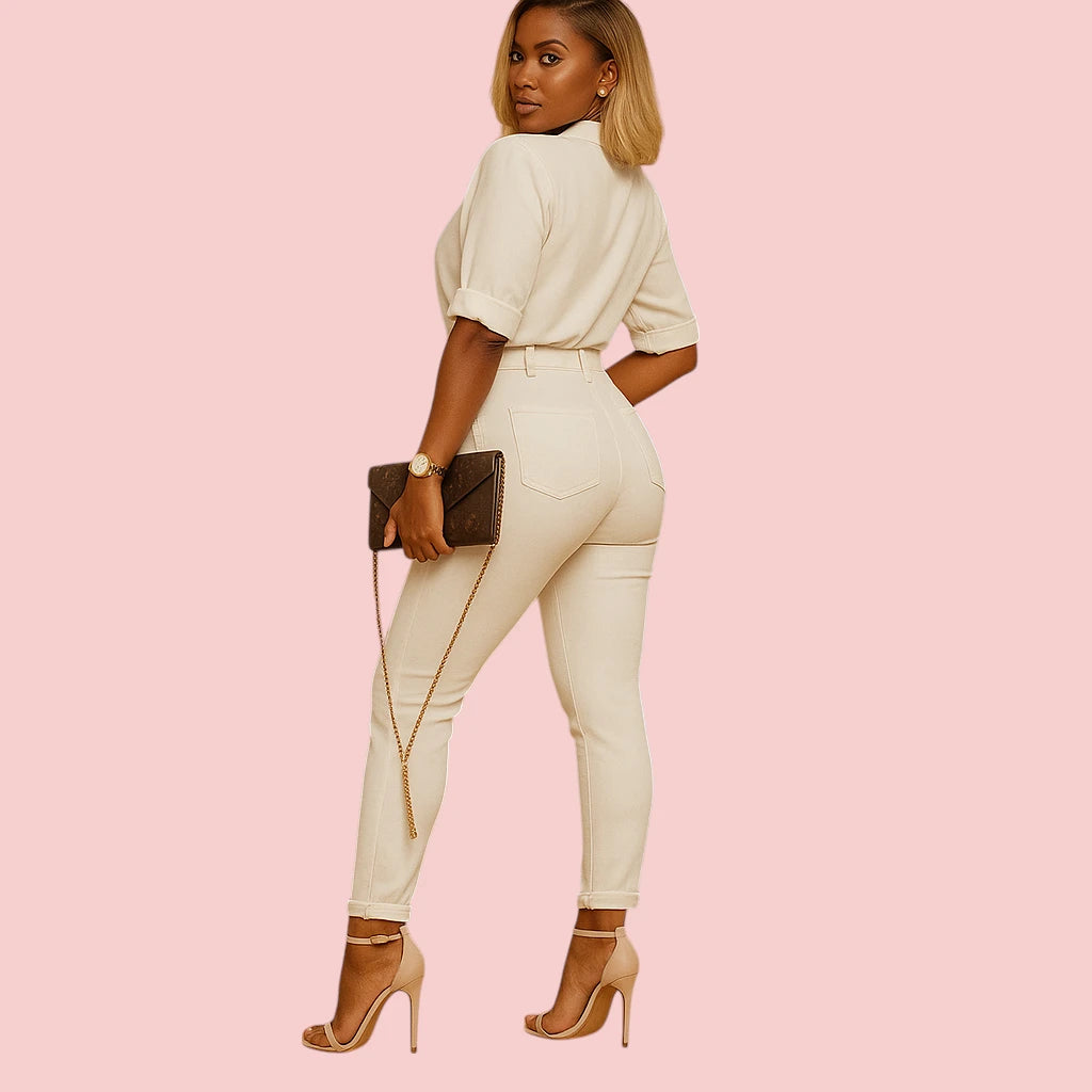 Dames Jumpsuit – Reverskraag & Hoge Taille
