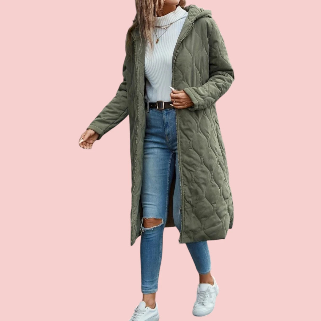 Dames Lange Donsjas Groene Gewatteerde Jas Met Capuchon Voor Extra Warmte En Comfort