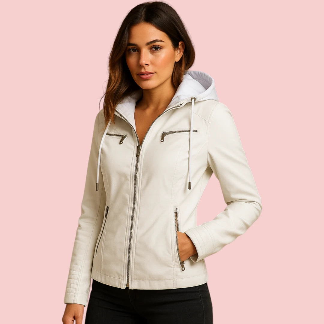 Dames leren jas – met capuchon, getailleerde pasvorm en ritssluiting