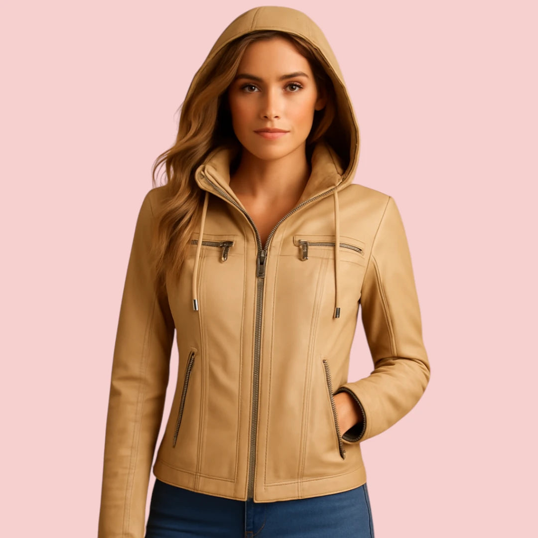 Dames leren jas – met capuchon, getailleerde pasvorm en ritssluiting