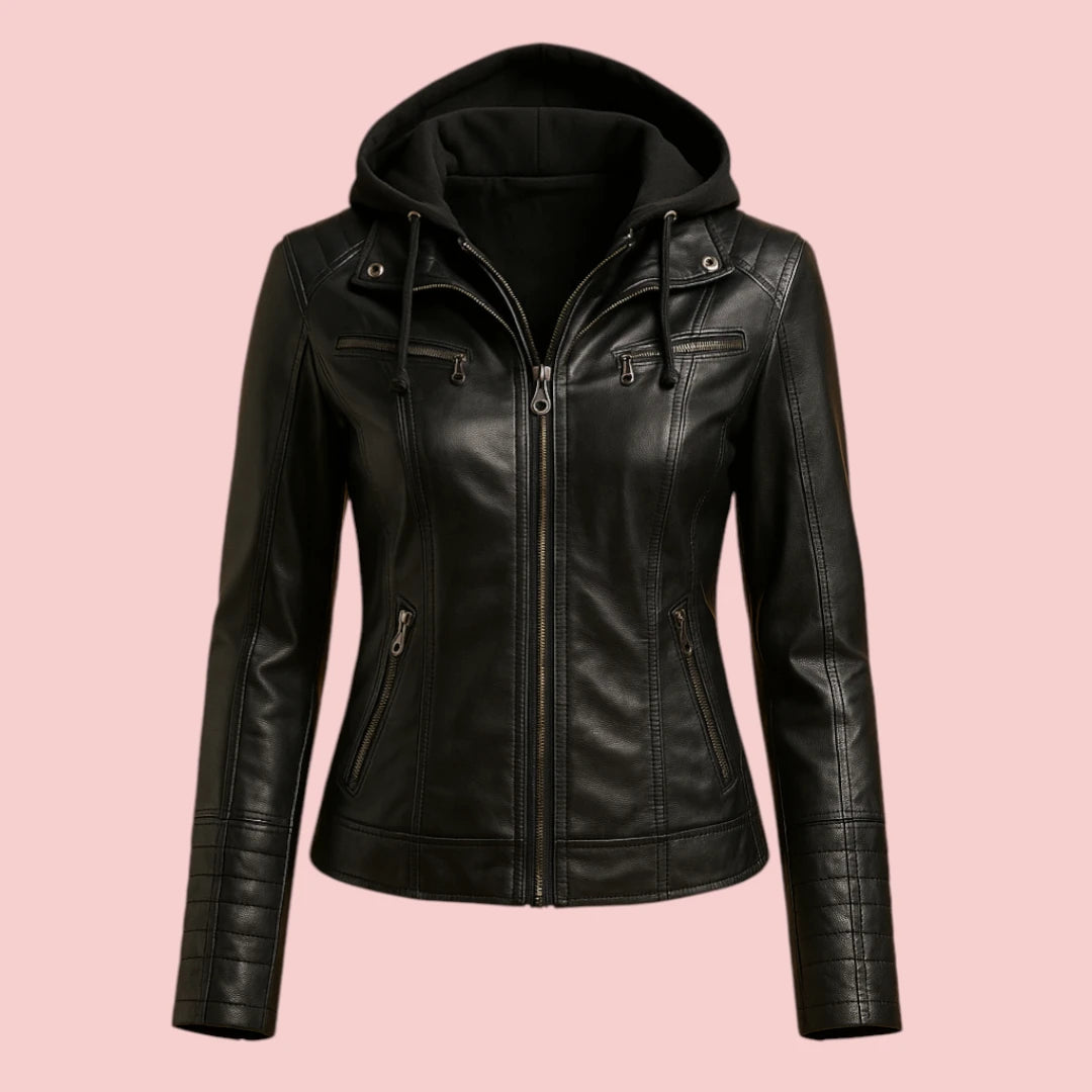 Dames leren jas – met capuchon, getailleerde pasvorm en ritssluiting