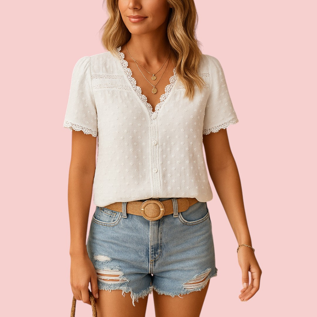 Dames Blouse – Elegante Kanten Blouse met V-Hals voor Een Verfijnde Look