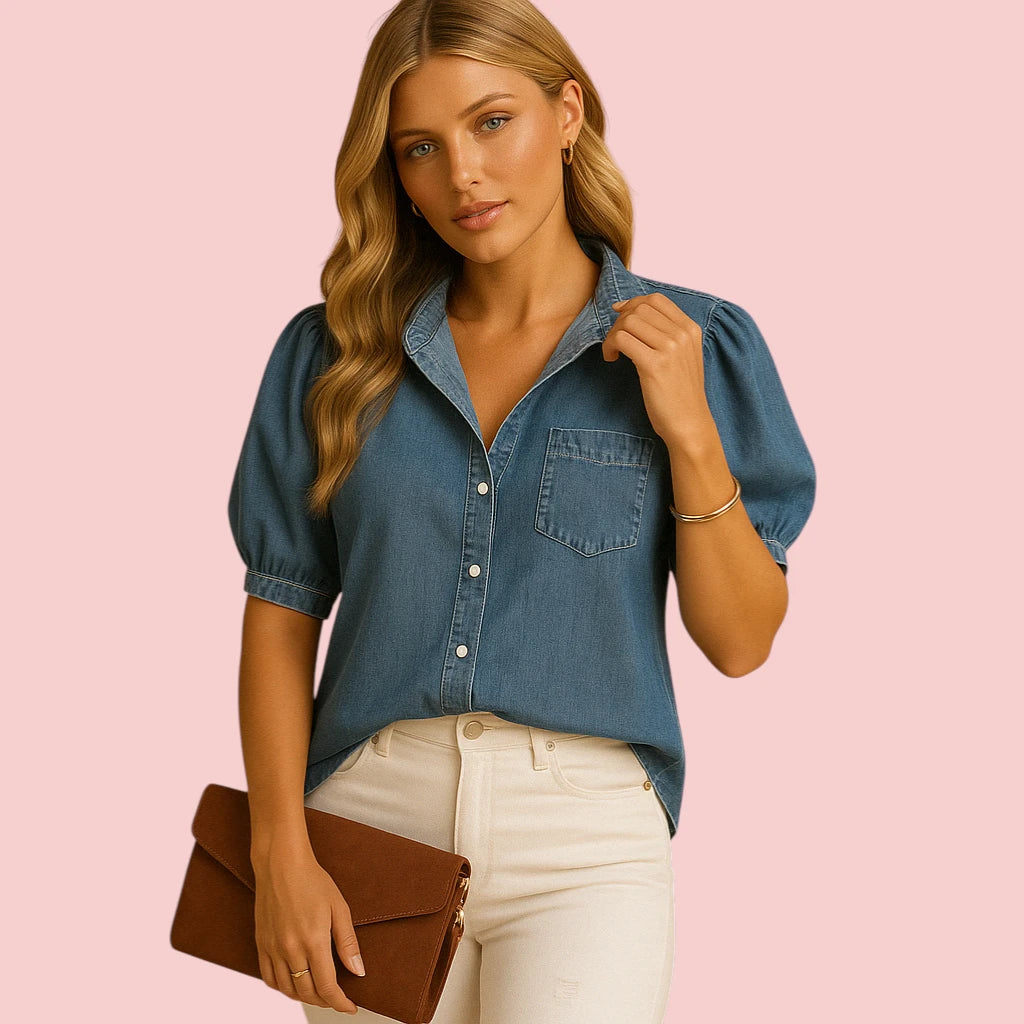 Dames Denim Blouse – Klassiek Design & Knoopsluiting