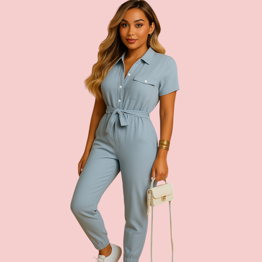 Dames Jumpsuit – Kraag & Strikceintuur voor Comfortabele en Nette Look