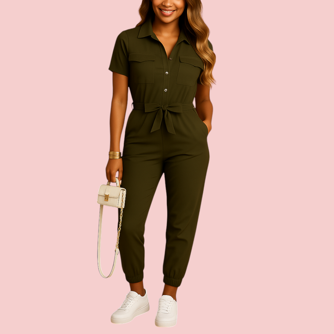 Dames Jumpsuit – Kraag & Strikceintuur voor Comfortabele en Nette Look