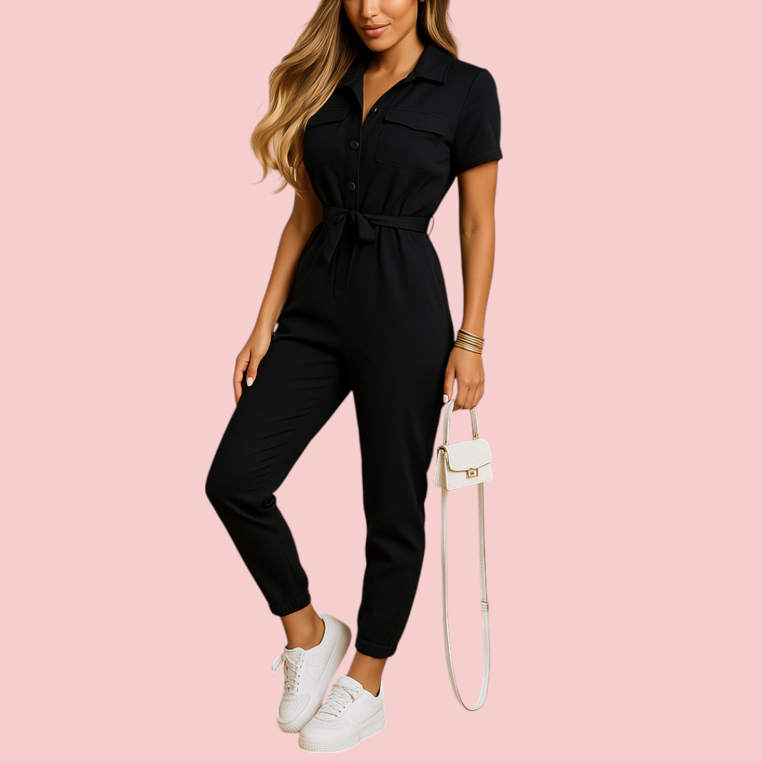 Dames Jumpsuit – Kraag & Strikceintuur voor Comfortabele en Nette Look