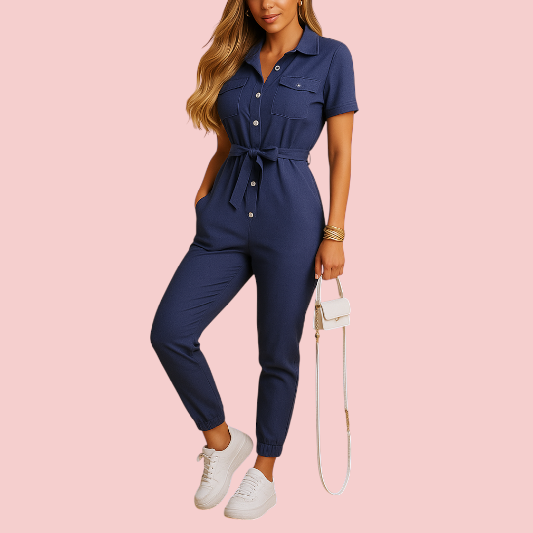 Dames Jumpsuit – Kraag & Strikceintuur voor Comfortabele en Nette Look