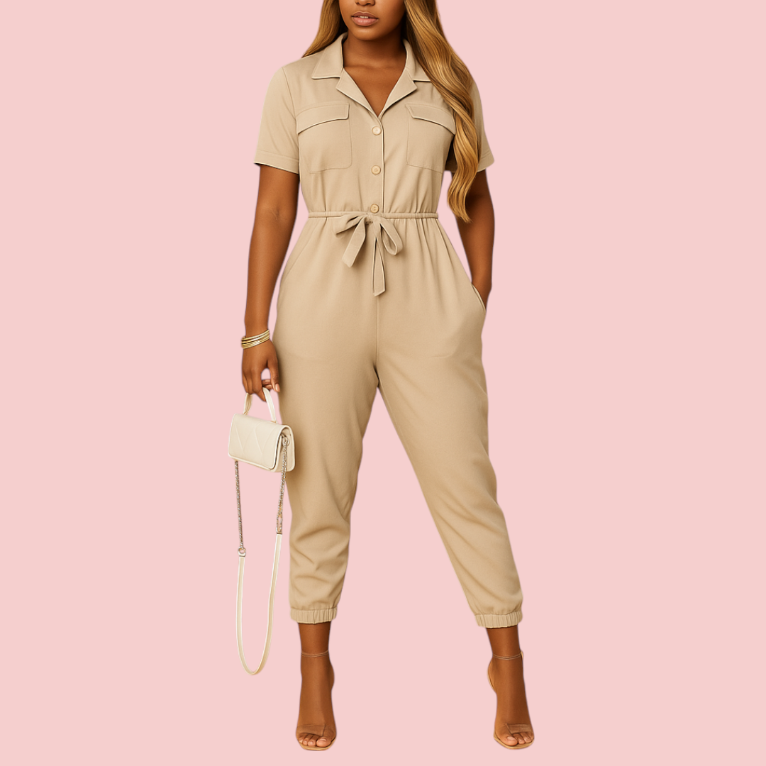 Dames Jumpsuit – Kraag & Strikceintuur voor Comfortabele en Nette Look