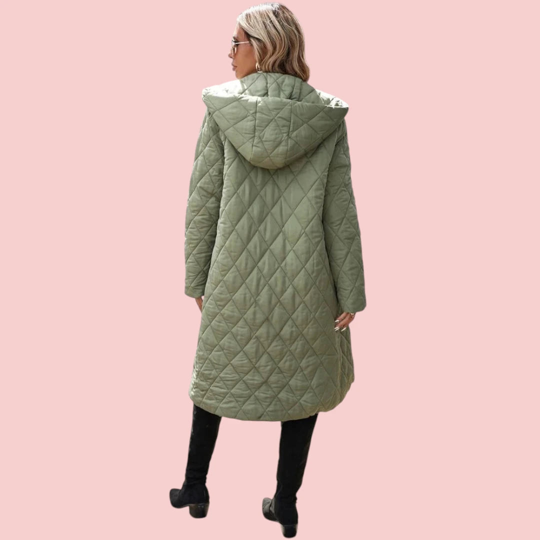 Dames Lange Donsjas Groene Gewatteerde Jas Met Capuchon Voor Extra Warmte En Comfort