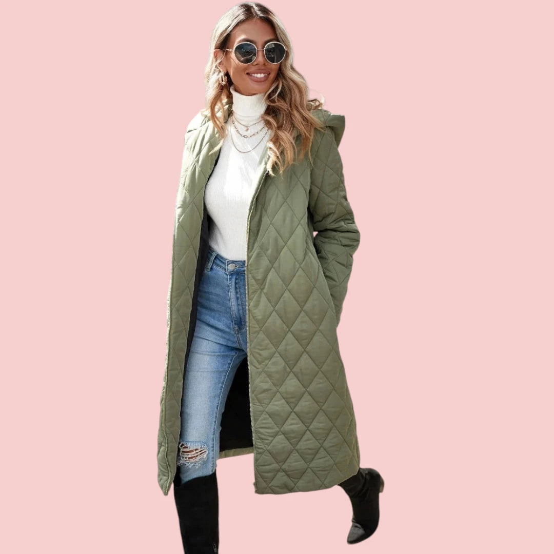 Dames Lange Donsjas Groene Gewatteerde Jas Met Capuchon Voor Extra Warmte En Comfort