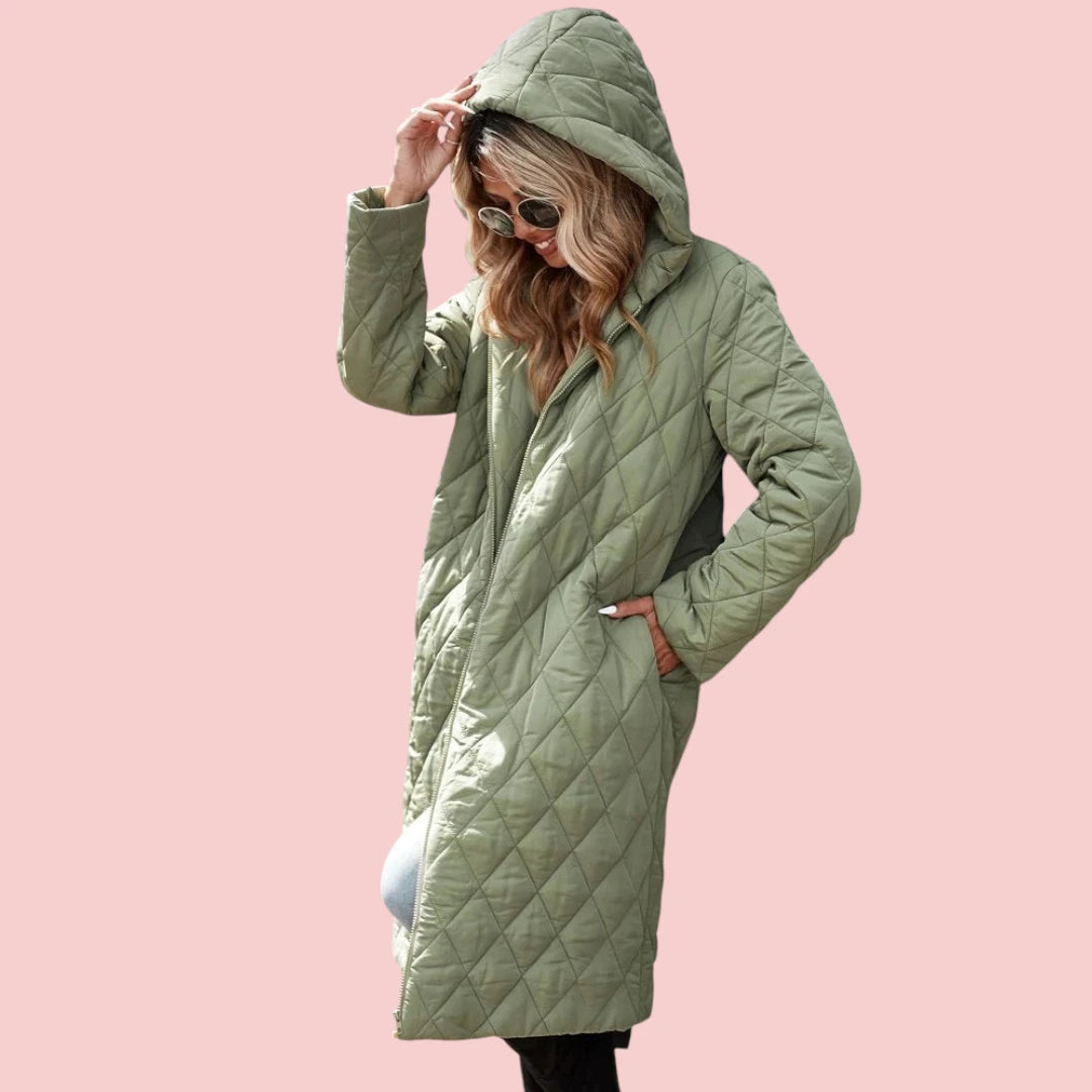 Dames Lange Donsjas Groene Gewatteerde Jas Met Capuchon Voor Extra Warmte En Comfort