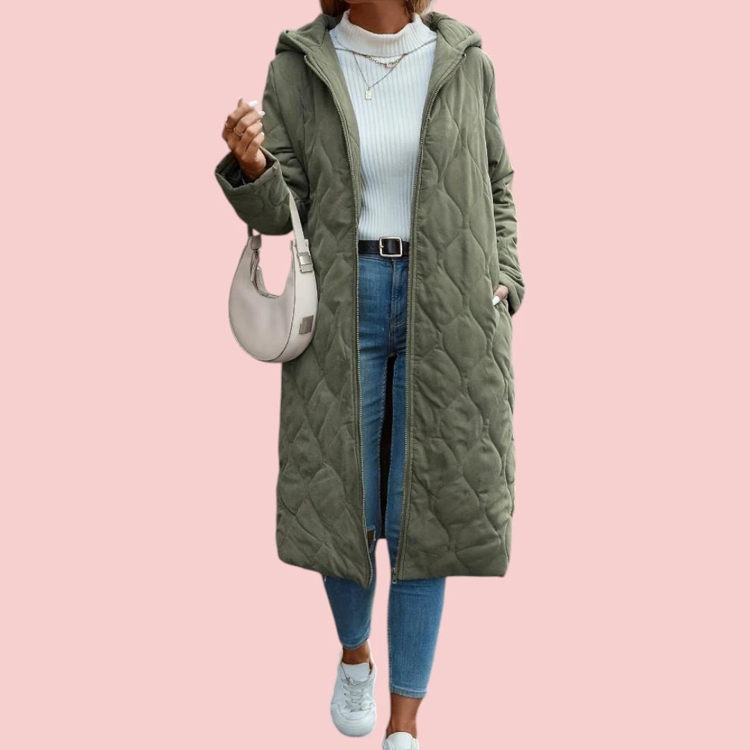 Dames Lange Donsjas Groene Gewatteerde Jas Met Capuchon Voor Extra Warmte En Comfort