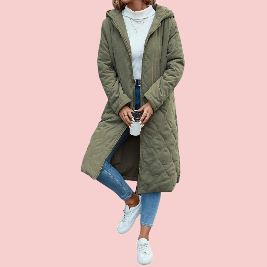 Dames Lange Donsjas Groene Gewatteerde Jas Met Capuchon Voor Extra Warmte En Comfort
