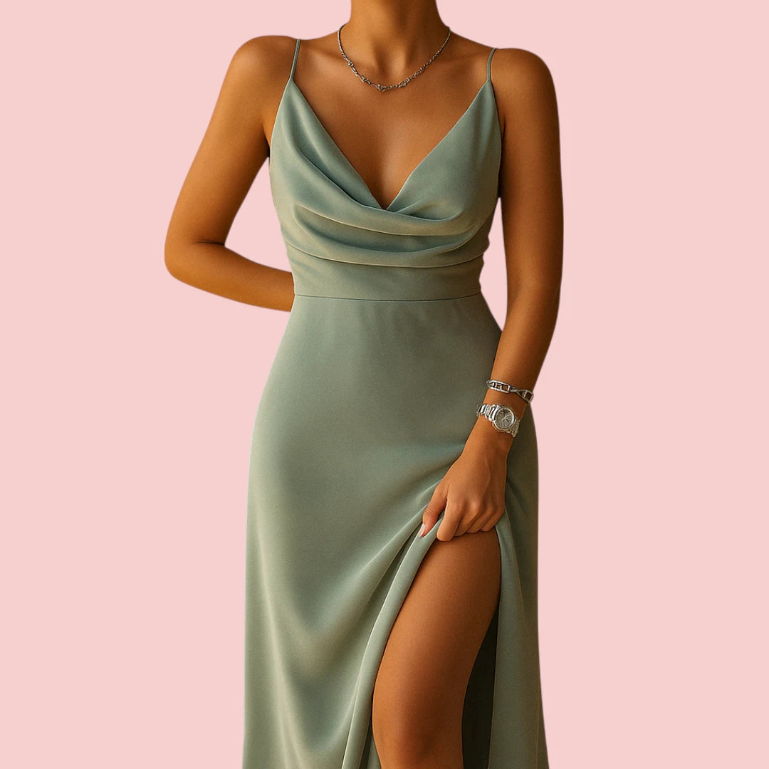 Dames Maxi Jurk – Watervalhals & Zijsplit voor Elegante Avondlooks