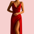 Dames Maxi Jurk – Watervalhals & Zijsplit voor Elegante Avondlooks