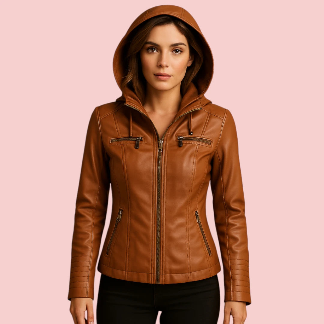 Dames leren jas – met capuchon, getailleerde pasvorm en ritssluiting