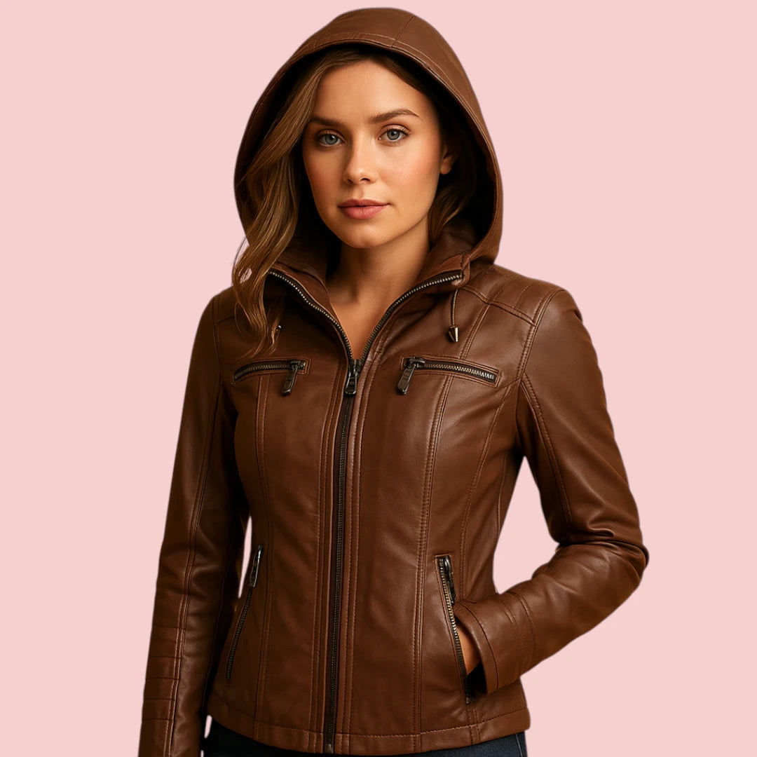 Dames leren jas – met capuchon, getailleerde pasvorm en ritssluiting