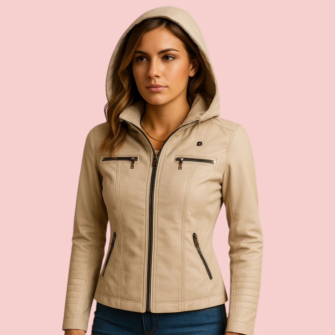 Dames leren jas – met capuchon, getailleerde pasvorm en ritssluiting